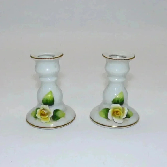 Other - Morleans Japan Porcelain Candle Holders Pair Yellow Rose Vintage